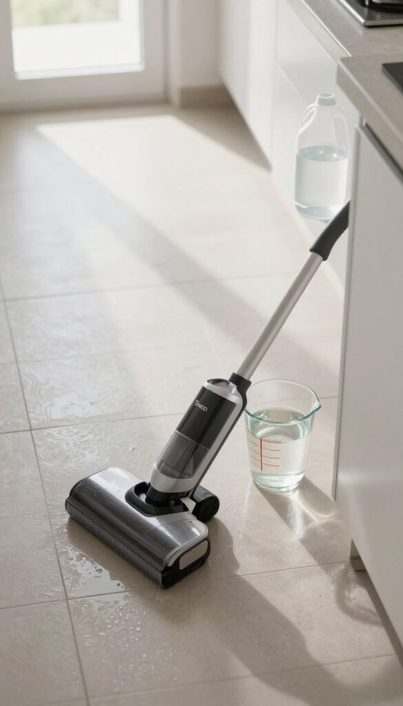 Tineco floor washer with vinegar and water solution on clean tile floor