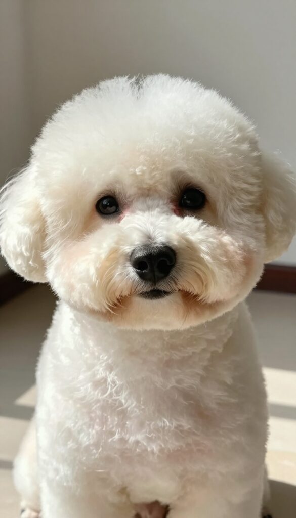Dog with tapered teddy bear face grooming style, heart-shaped face, longer snout, photorealistic, bright natural light
