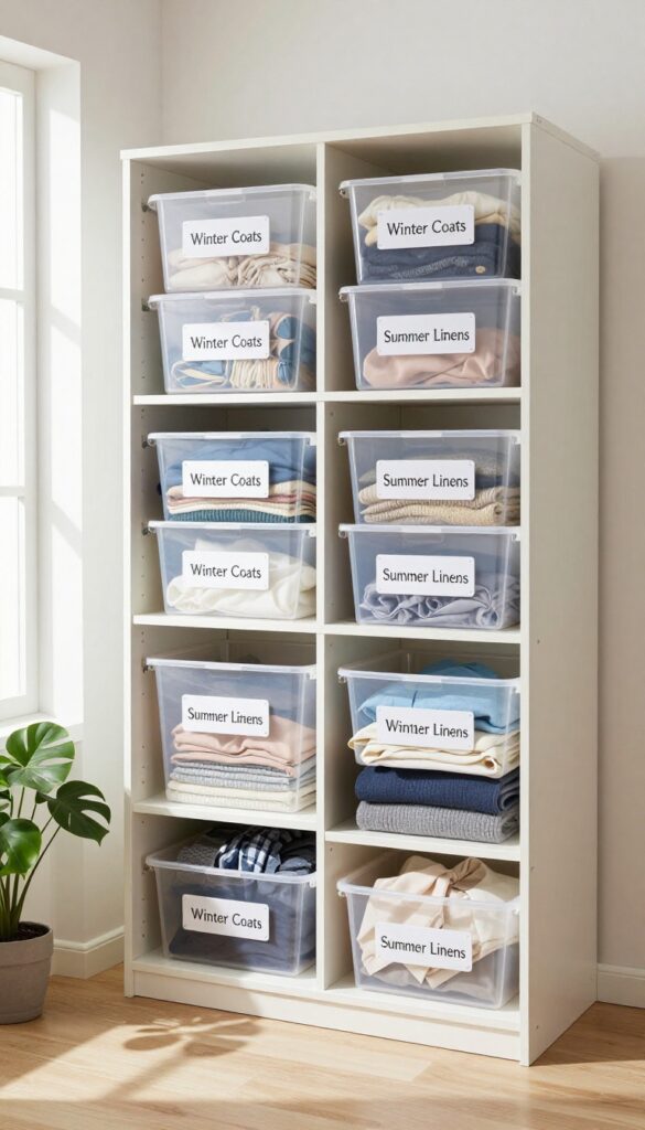 Organized closet with labeled clear bins for seasonal clothing rotation, bright natural light, minimalist decor.