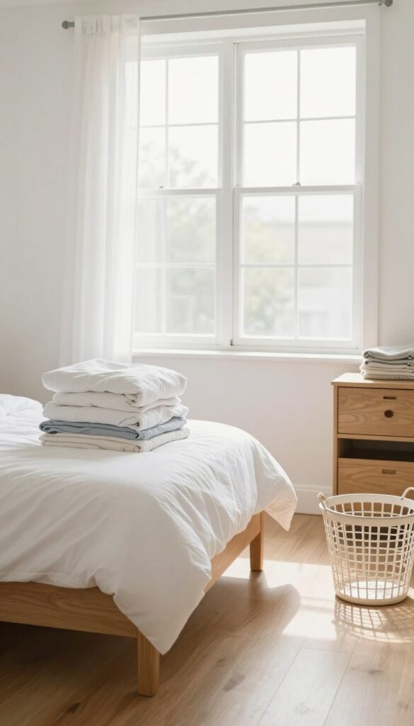 Neatly folded laundry on a dresser in a clean, sunlit bedroom with an empty laundry basket.