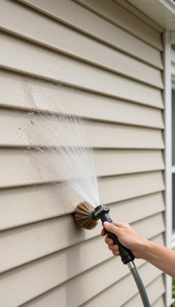 Cleaning vinyl siding from bottom to top to avoid streaks, with a brush and hose in bright daylight.
