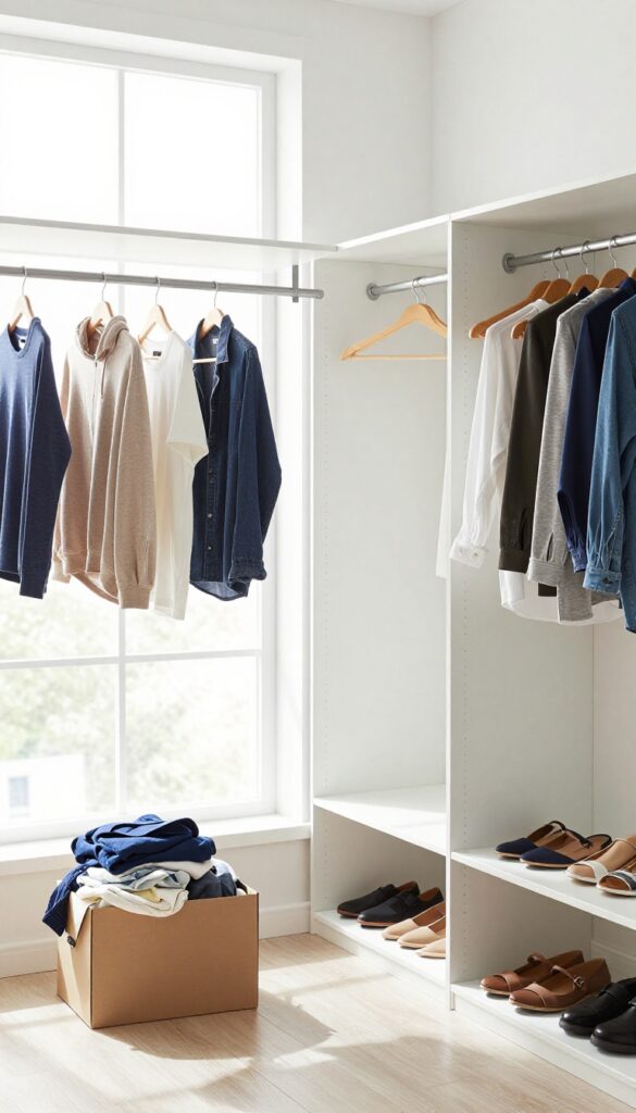 Organized closet after purging unused items, with donation box and neat clothing arrangement.