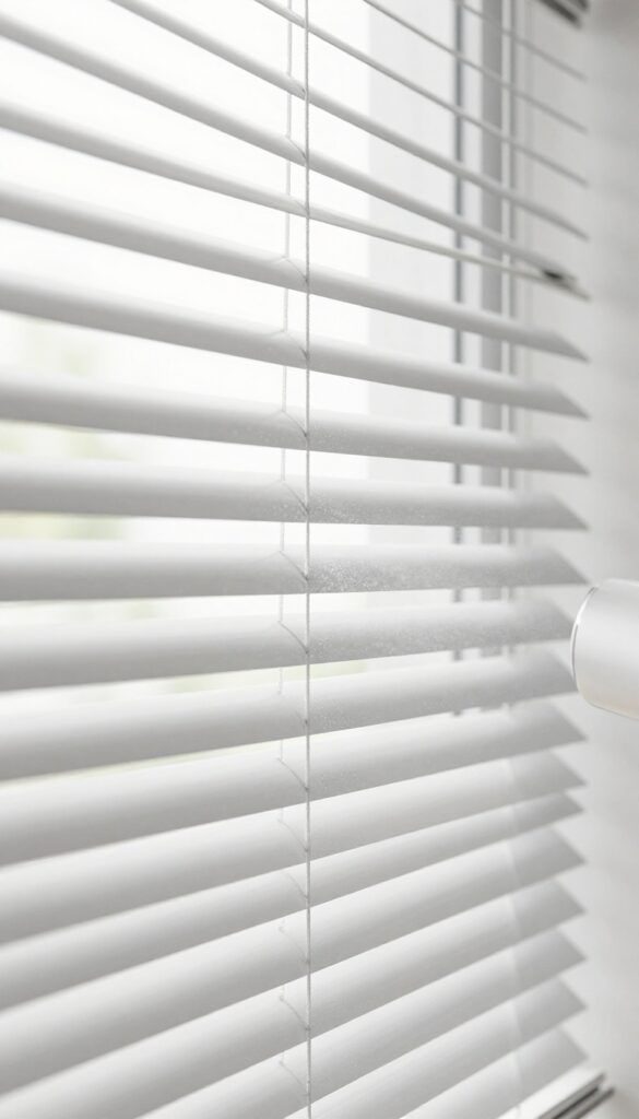 Person using a hairdryer on cool setting to blow dust off horizontal blinds