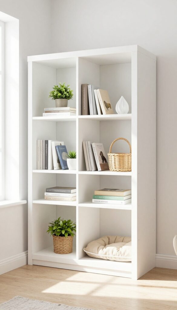 Dog crate integrated into floor-to-ceiling built-in shelves in a bright living room