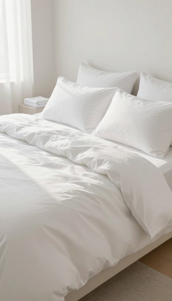 Fresh white bedding on a neatly made bed in a bright bedroom with sunlight and a spare sheet set on an ottoman.