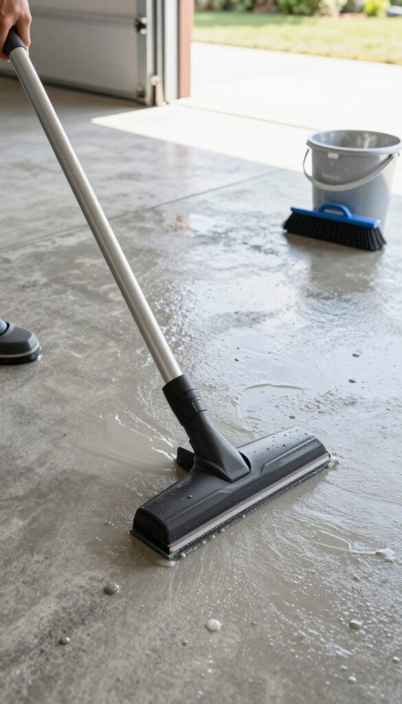Person using a wet/dry shop vacuum to clean a concrete garage floor, removing dirty water after scrubbing.