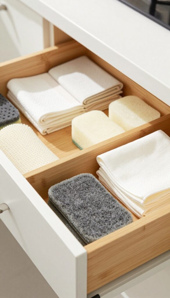 Drawer organizer with cleaning cloths and sponges neatly separated in a kitchen drawer