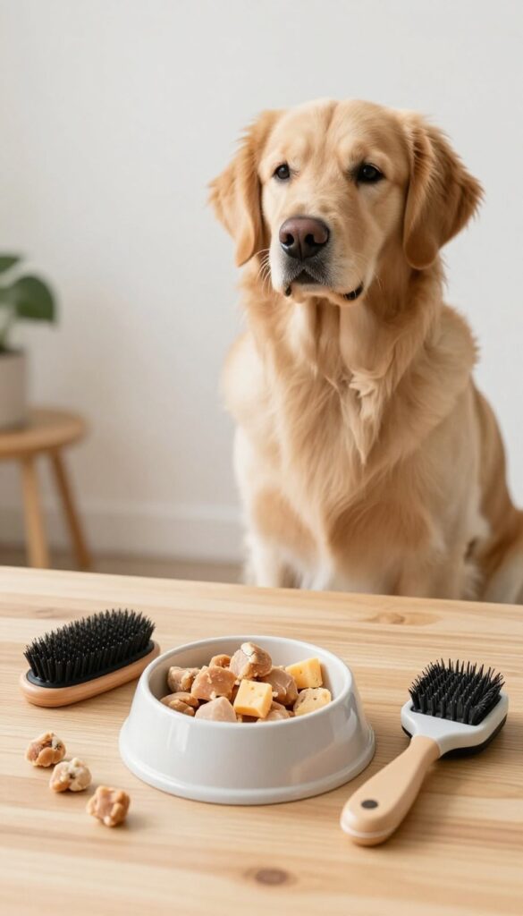 Dog grooming treats and clicker on a wooden table with a happy golden retriever looking at them.