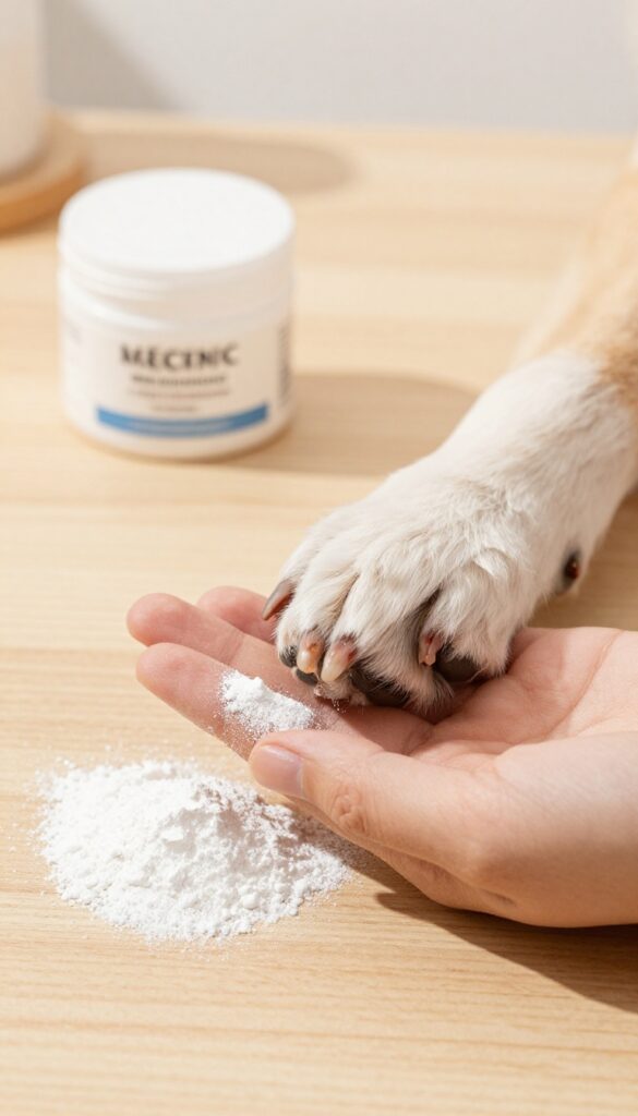 Styptic powder container next to a dog's paw with a clipped nail, showing a small amount of blood, on a wooden table in natural light.