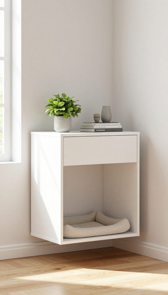 Floating dog crate cabinet mounted on wall in small apartment living room with decor on top