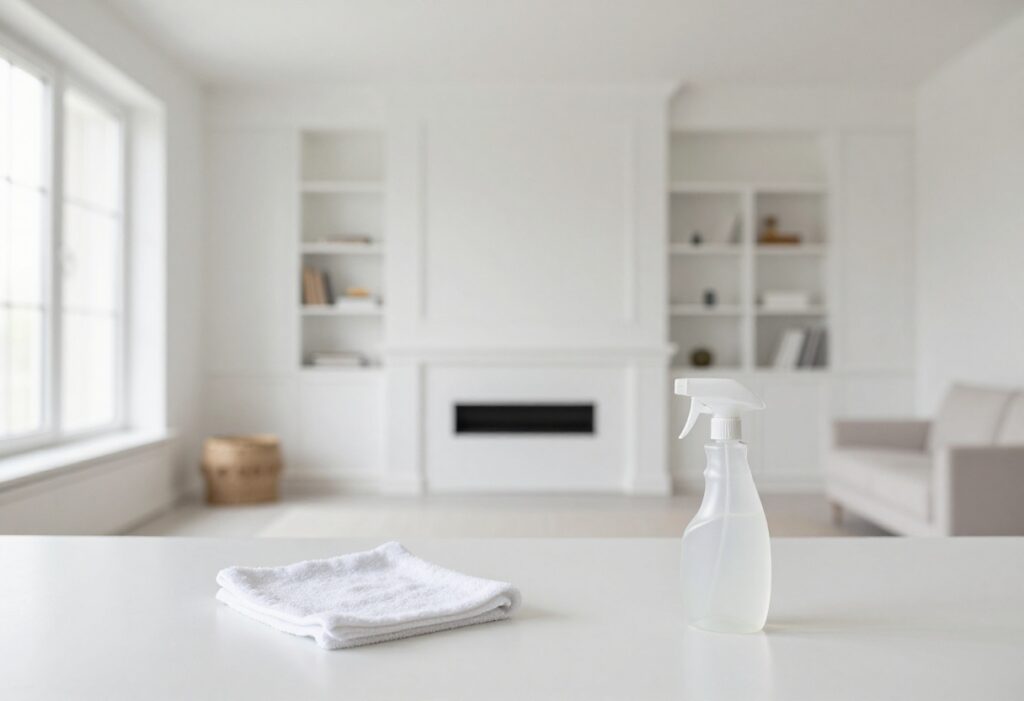 Clean white baseboards in a bright living room with cleaning supplies nearby