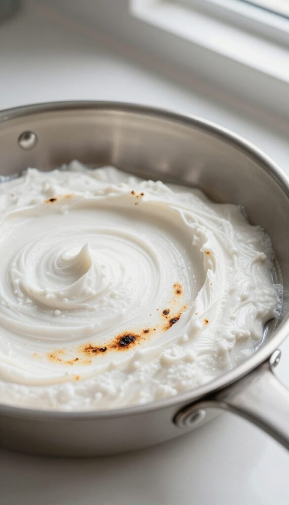 Close-up of a stainless steel pan with white cream of tartar paste on burnt scorch marks