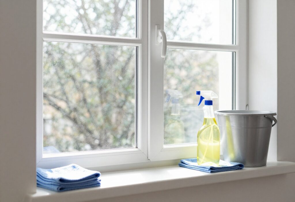 Clean window with spray bottle and cloth on sill
