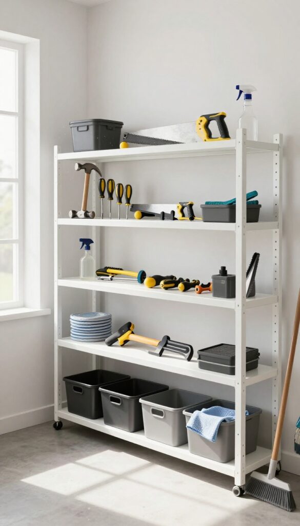 Clean garage shelf with organized tools and bins, dust particles in sunlight, swept floor