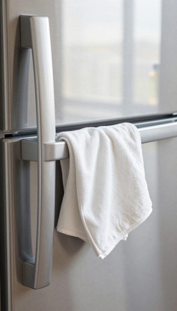 Cleaning stainless steel refrigerator handle with rubbing alcohol and microfiber cloth