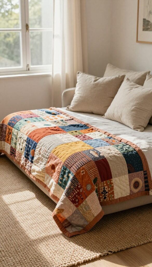 Boho patchwork quilt draped over a rectangular dog bed in a sunlit living room with jute rug and neutral pillows