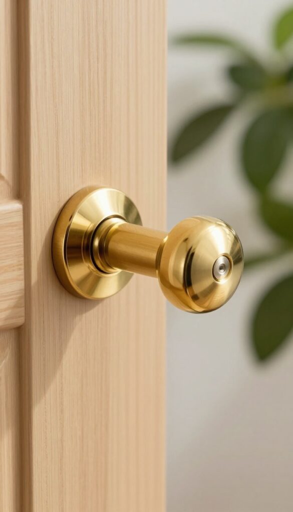 Close-up of a polished brass doorknob shining under natural light