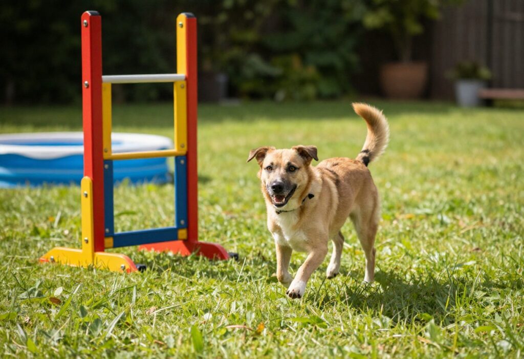 Happy dog running in a backyard play area with agility tunnel and pool