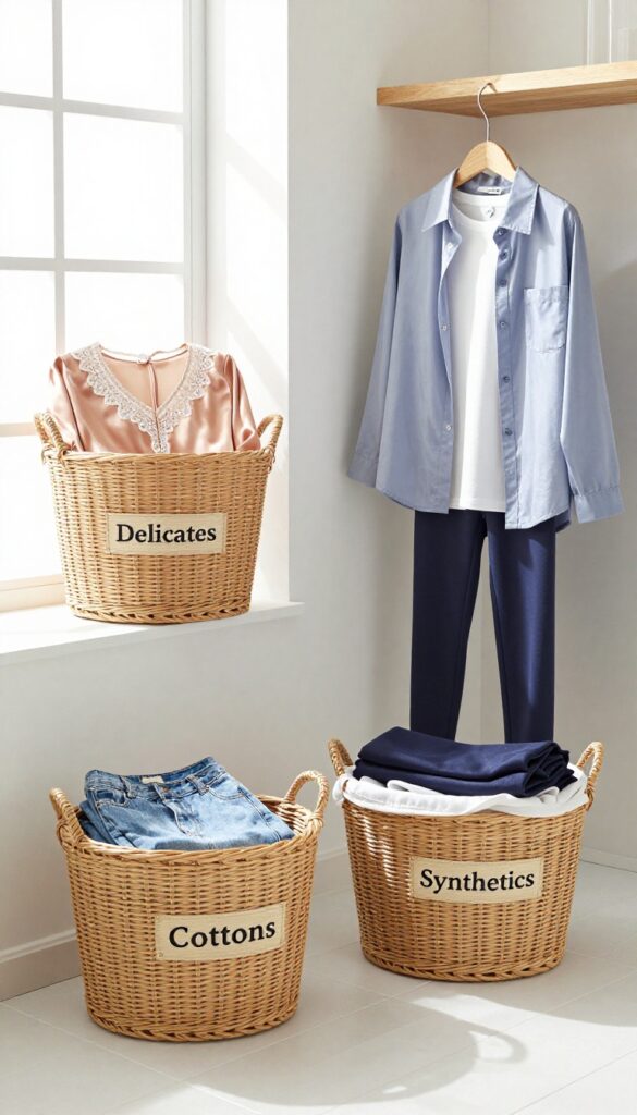 Three laundry baskets sorted by fabric type: delicates, cottons, and synthetics in a bright, organized laundry room.