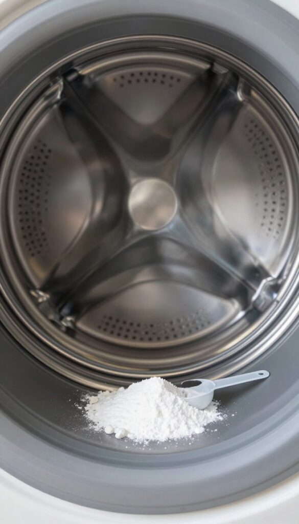 Close-up of washing machine drum with small amount of detergent powder and measuring spoon, clean and minimal.
