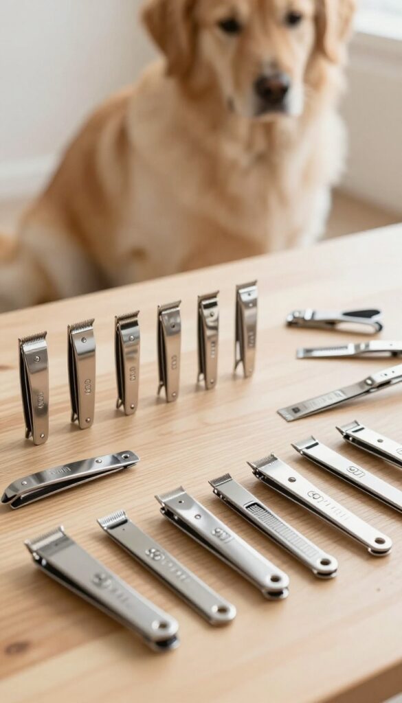 Stainless steel blade guards for dog grooming clippers arranged on a wooden table, with a calm dog in the background.
