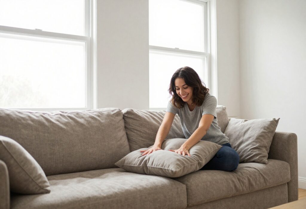 Person fluffing a couch cushion in a cozy living room with soft lighting