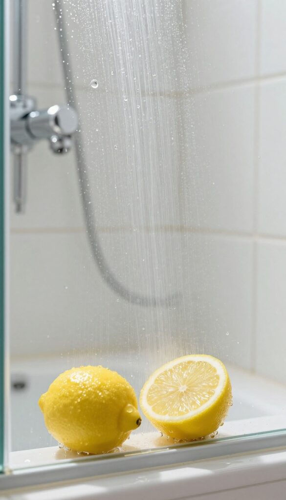 A glass shower door being sprayed with lemon juice solution for cleaning, with a fresh lemon half nearby.