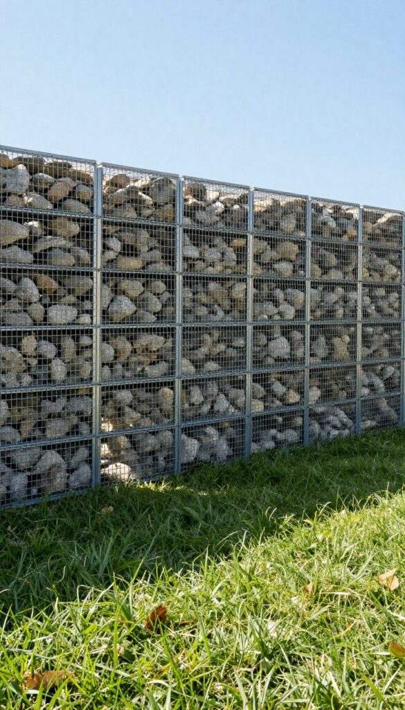 Gabion wall fence for backyard dog run, stone-filled wire cages, modern landscape feature, bright natural light.