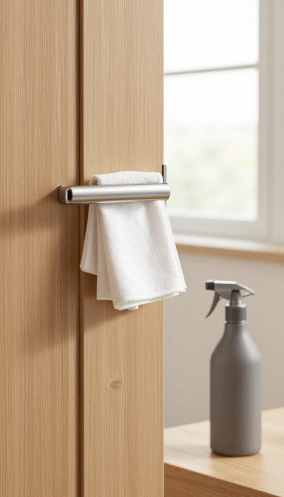 Cleaning a front door handle with a microfiber cloth in a bright entryway
