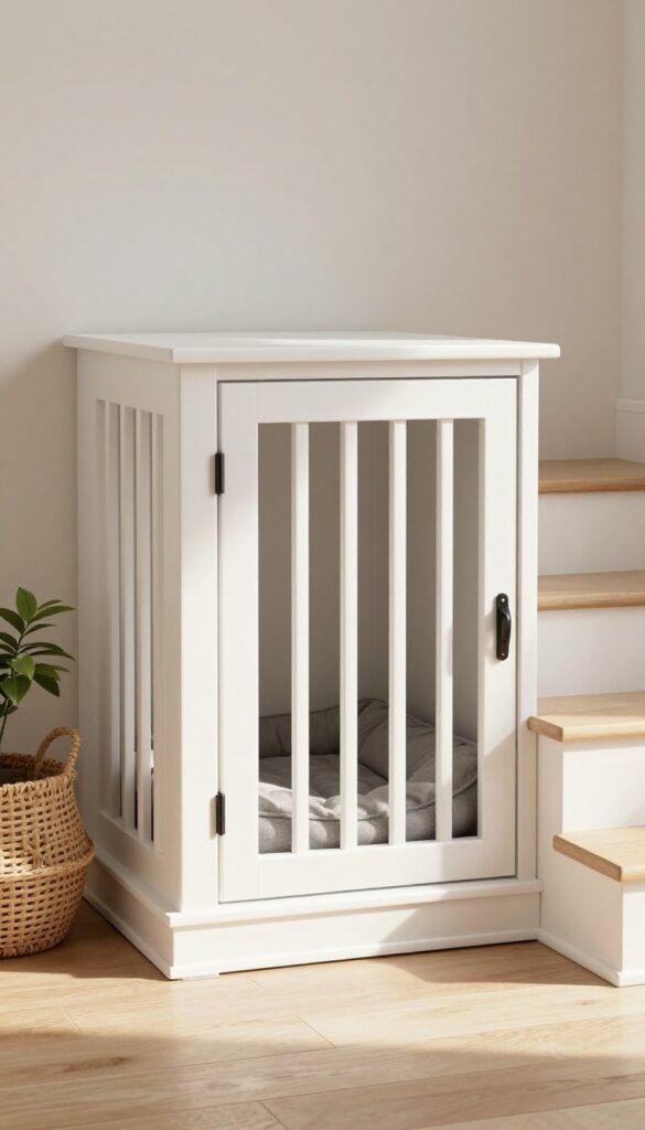 Built-in dog crate under stairs with solid wood door and cozy interior bed