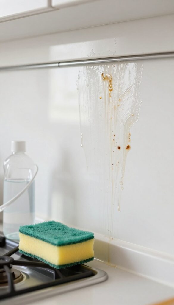 Close-up of a kitchen wall with greasy grime being cleaned with a sponge and ammonia solution, showing a clean streak-free section.