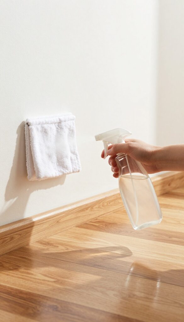 Person misting vinegar and water solution onto shiny hardwood floor with spray bottle
