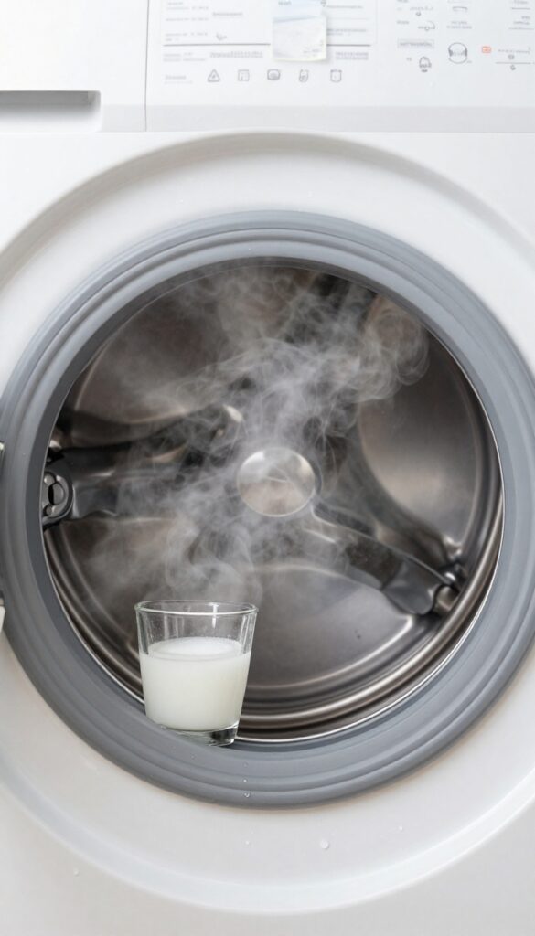 Open washing machine drum with steam from hot water rinse, vinegar and baking soda on top, bright natural light.