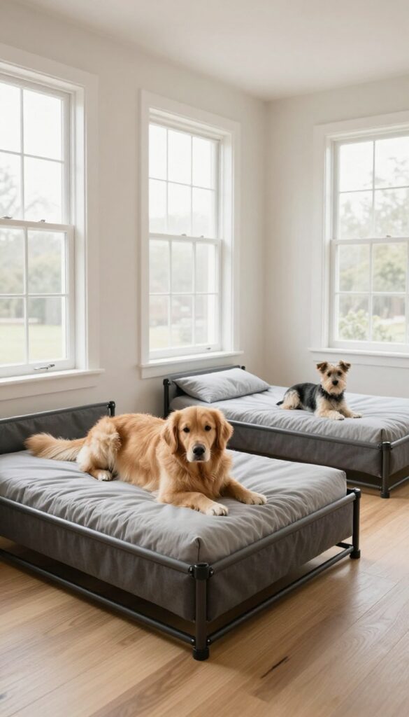 Two dogs relaxing on elevated cot-style kennel beds in a bright living room