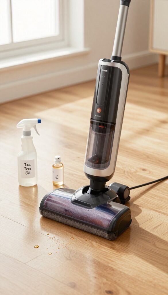 Tineco floor washer with tea tree oil and vinegar on hardwood floor