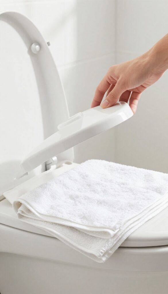 Hands carefully removing a toilet tank lid and placing it on a folded towel