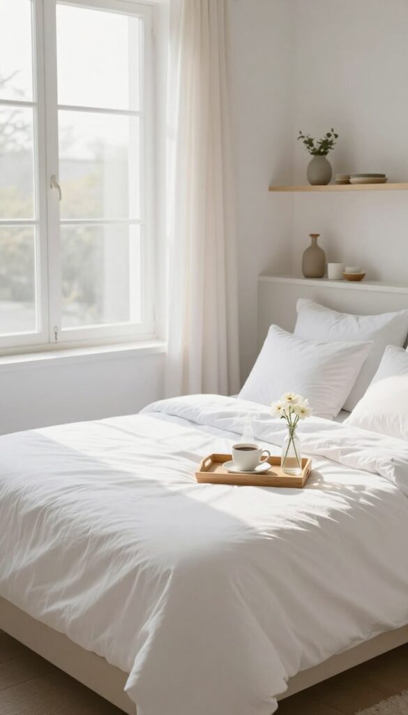 Clean, organized bedroom with sunlight, a made bed, coffee, and flowers celebrating a cleaning achievement.