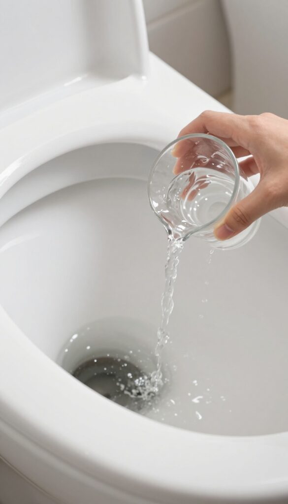 Person rinsing inside a toilet tank with a cup of clean water, bright natural light, clean porcelain