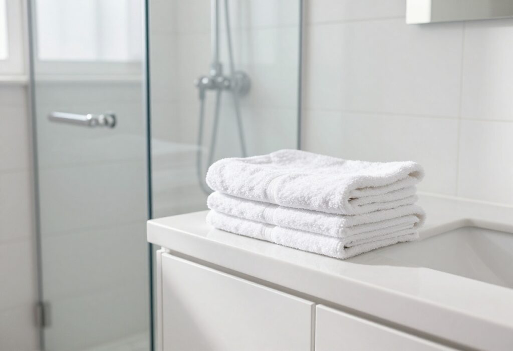 A sparkling clean bathroom with white tiles, glass shower, and neatly folded towels.
