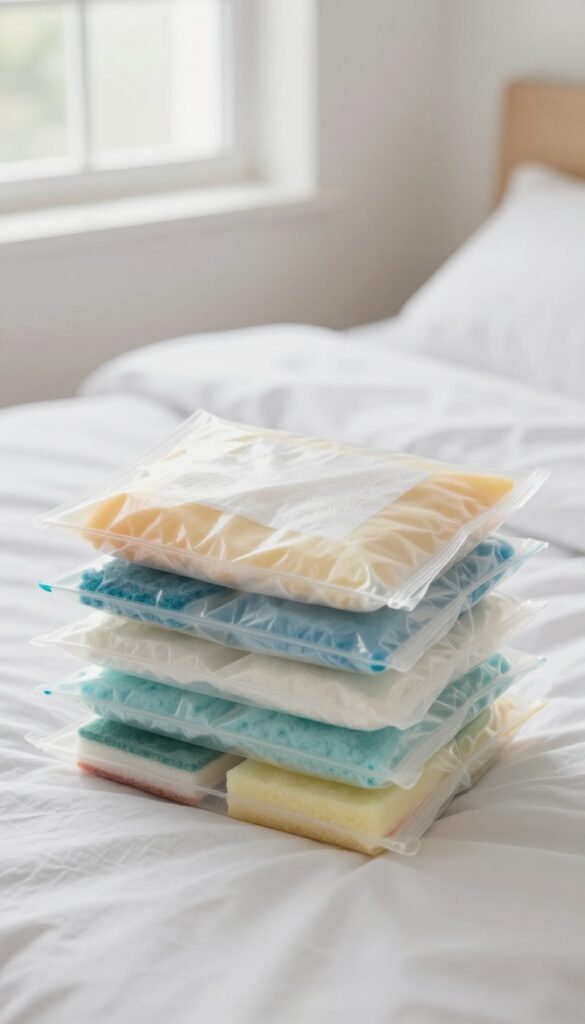 Vacuum-sealed bags of cleaning supplies stored under a bed in a bright, organized bedroom
