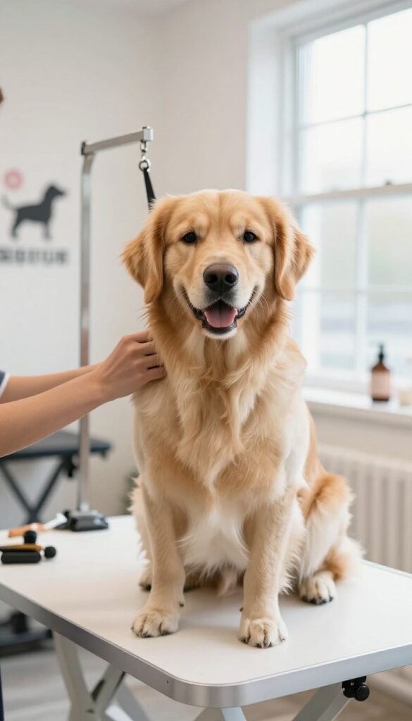 A groomed rescue dog on a grooming table with a groomer, bright natural light, clean salon background