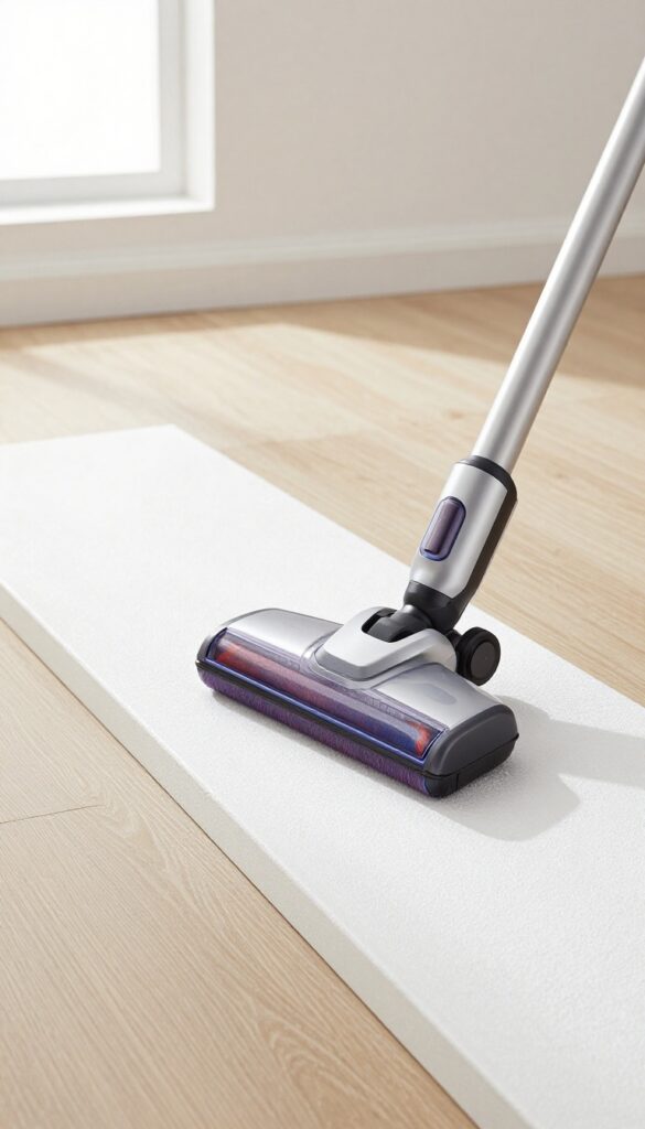Vacuuming baseboards with brush attachment in clean bedroom