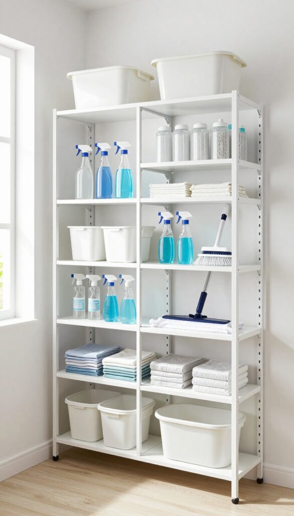 Adjustable shelving in a cleaning supply closet with tall bottles and mop bucket neatly organized