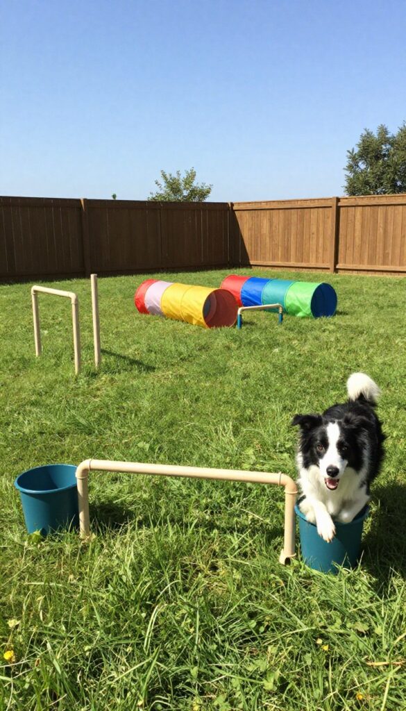 DIY dog agility course in a sunny backyard with a Border Collie jumping over a PVC hurdle, weave poles, and a tunnel.