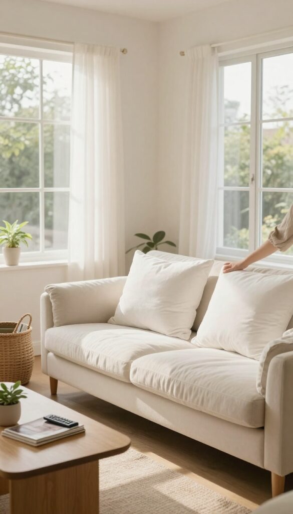 Daily cleaning routine: fluffing pillows and tidying living room in five minutes