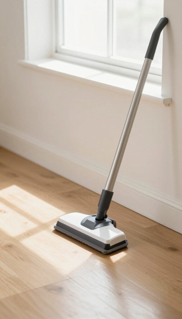 Swiffer Sweeper cleaning baseboard in bright living room