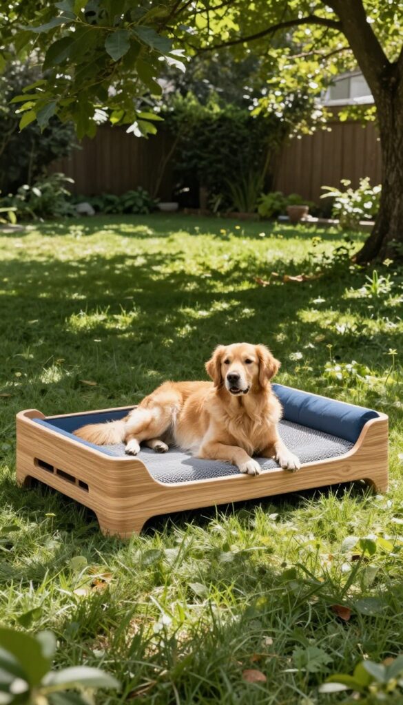 Recycled plastic dog bed with UV protection in a shady backyard, large dog resting on it