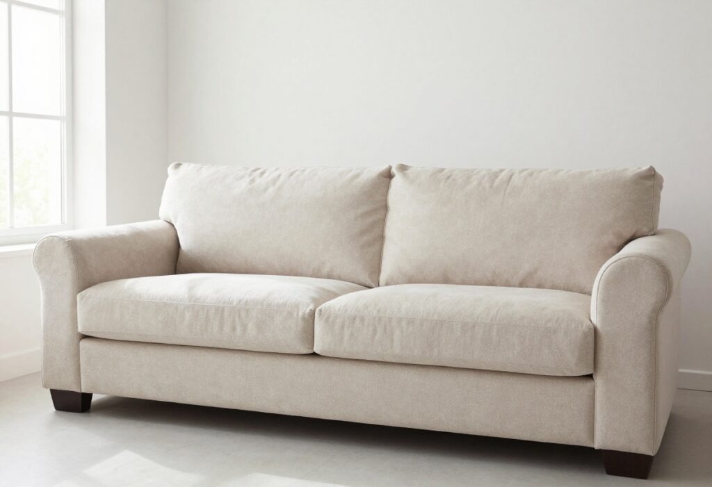 Clean beige upholstered sofa in a bright living room with natural light