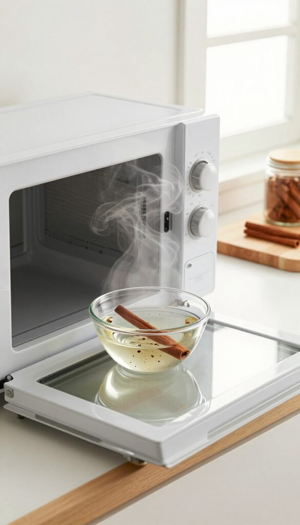 A clean microwave with a bowl of water, cinnamon stick, and vanilla extract steaming inside, creating a cozy and fresh scent.