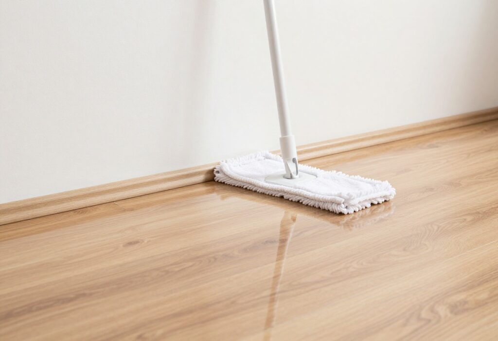 Clean glossy laminate wood floor with microfiber mop